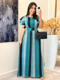 Women Striped Print Lace-Up Ruffle Sleeve Maxi Dress