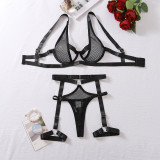 Sexy Mesh  Lace-Up Hollow Garter Three-Piece Lingerie Set