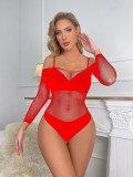 Sexy Lingerie Off Shoulder Solid Color Long Sleeve Bodysuit