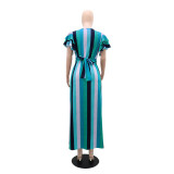 Women Striped Print Lace-Up Ruffle Sleeve Maxi Dress