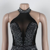 Women Beaded See-Through Backless Halter Neck Elastic Jumpsuit