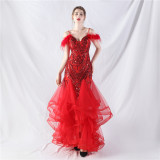 Women ostrich feather flower sequins patchwork mesh evening dress