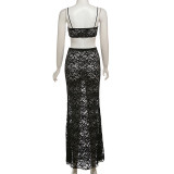 Summer Women sexy hollow strap top and solid lace skirt two-piece suit