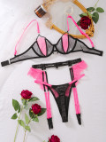 Summer Fashion Contrast Lace Splicing Mesh Sexy Garter Three-Piece Bikini Lingerie Set