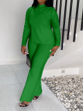 Plus Size Women Solid Casual Slit Long Sleeve Top and Pants Two-piece Set