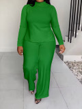 Plus Size Women Solid Casual Slit Long Sleeve Top and Pants Two-piece Set