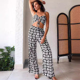 Women print lace-up hollow sling top and wide-leg pants two-piece set