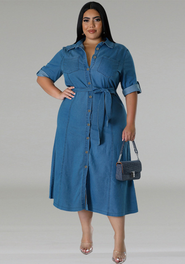 Plus Size Women Denim Turndown Collar Long Sleeve Lace-Up Maxi Dress