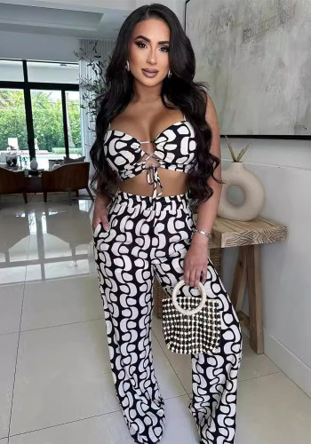 Women print lace-up hollow sling top and wide-leg pants two-piece set