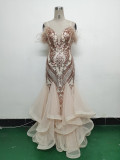 Women ostrich feather flower sequins patchwork mesh evening dress