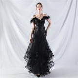 Women ostrich feather flower sequins patchwork mesh evening dress