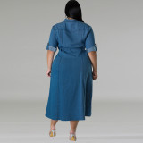 Plus Size Women Denim Turndown Collar Long Sleeve Lace-Up Maxi Dress