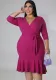 Plus Size Women Three-quarter Sleeve Elastic V Neck Ruffle Dress