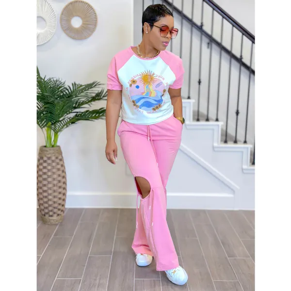 Women printed short-sleeved top and Pants two-piece set