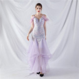 Women ostrich feather flower sequins patchwork mesh evening dress