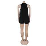 Women sexy solid slit halter neck lace-up sleeveless top and shorts two-piece set