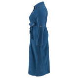 Plus Size Women Denim Turndown Collar Long Sleeve Lace-Up Maxi Dress