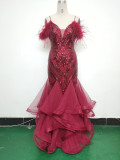 Women ostrich feather flower sequins patchwork mesh evening dress