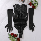 Sexy Patent Leather Sleeveless Hollow Lace-Up Bodysuit Gloves Two-Piece Set