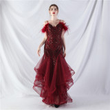 Women ostrich feather flower sequins patchwork mesh evening dress