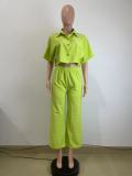 Women turndown collar shirt and nine-point wide-leg pants two-piece set