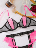 Summer Fashion Contrast Lace Splicing Mesh Sexy Garter Three-Piece Bikini Lingerie Set