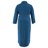 Plus Size Women Denim Turndown Collar Long Sleeve Lace-Up Maxi Dress