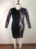 Women's V-Neck Sequin Patchwork Plus Size Dress