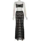 Summer Women sexy hollow strap top and solid lace skirt two-piece suit