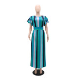 Women Striped Print Lace-Up Ruffle Sleeve Maxi Dress