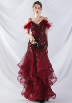 Women ostrich feather flower sequins patchwork mesh evening dress