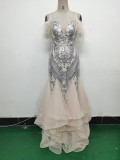 Women ostrich feather flower sequins patchwork mesh evening dress