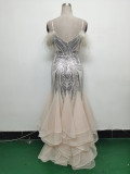 Women ostrich feather flower sequins patchwork mesh evening dress