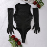 Sexy Patent Leather Sleeveless Hollow Lace-Up Bodysuit Gloves Two-Piece Set