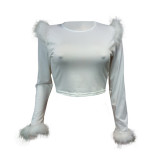 Women solid feather patchwork long-sleeved t-shirt