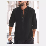 Men's Casual Stand Collar Solid Color Long-Sleeved Shirt Bamboo Linen Shirt