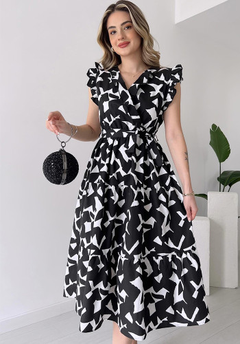Chic Elegant Dress V-Neck Slim Waist Belt Black And White Printed Mid-Length Dress