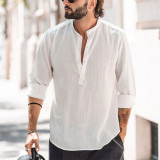 Men's Casual Stand Collar Solid Color Long-Sleeved Shirt Bamboo Linen Shirt