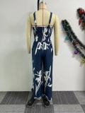 Printed Hollow Strap Wide-Leg Jumpsuit