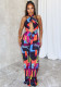 Sexy Printed Cross Halter Neck Low Back Slim Jumpsuit