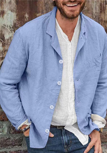 Spring Autumn Men's Loose Solid Color Long-Sleeved Blazer Chic Linen Jacket