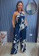 Printed Hollow Strap Wide-Leg Jumpsuit