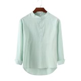 Men's Casual Stand Collar Solid Color Long-Sleeved Shirt Bamboo Linen Shirt