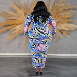 Plus Size Women's Off Shoulder Long Sleeve Printed Long Dress