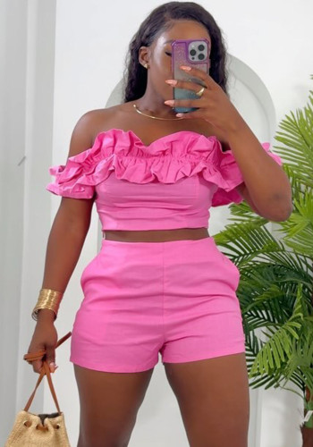 Sexy Ruffled Off Shoulder Top Slim Waist Shorts Two-Piece Set