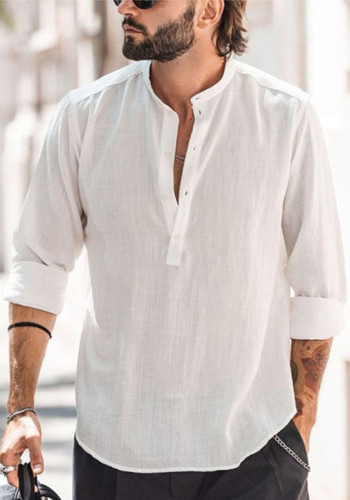 Men's Casual Stand Collar Solid Color Long-Sleeved Shirt Bamboo Linen Shirt