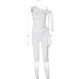 Women's Summer Fashion Slash Shoulder Sleeveless Top Slim Lace-Up Shorts Two Piece Set