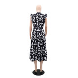 Chic Elegant Dress V-Neck Slim Waist Belt Black And White Printed Mid-Length Dress