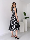 Chic Elegant Dress V-Neck Slim Waist Belt Black And White Printed Mid-Length Dress