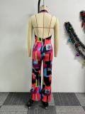 Sexy Printed Cross Halter Neck Low Back Slim Jumpsuit